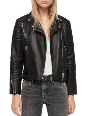 All Saints Black Leather Biker Jacket US 6